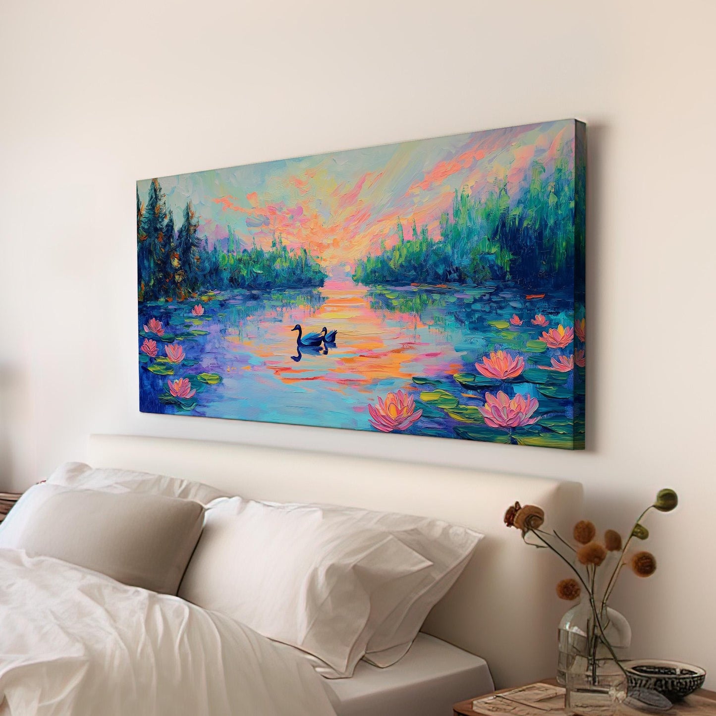Beautiful Colors at the Lotus Lake Canvas Wall Art For Bedroom, Landscape Quiet Pond Canvas Print, Tranquil Large Canvas Art