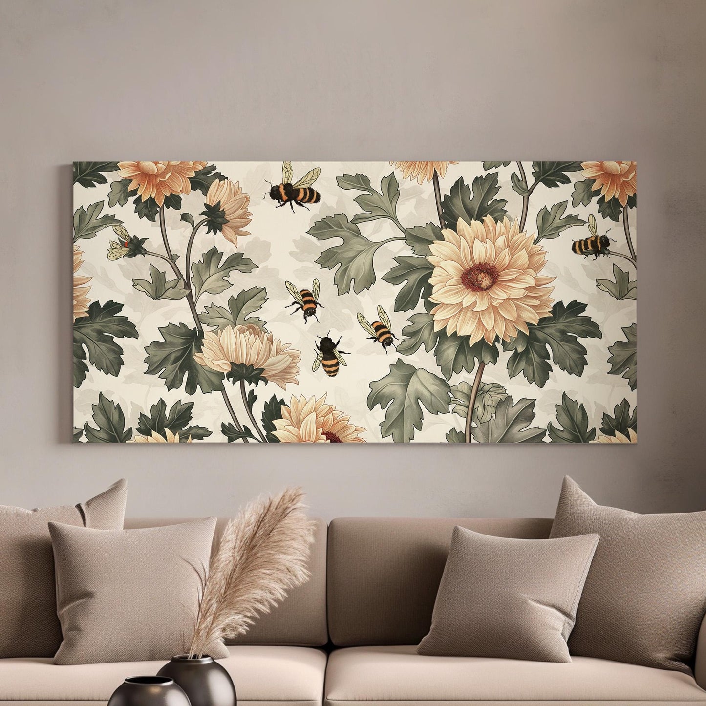 Bees Around Chrysanthemums Canvas Wall Art For Bedroom, Landscape Floral Canvas Print, Renaissance Large Canvas Art