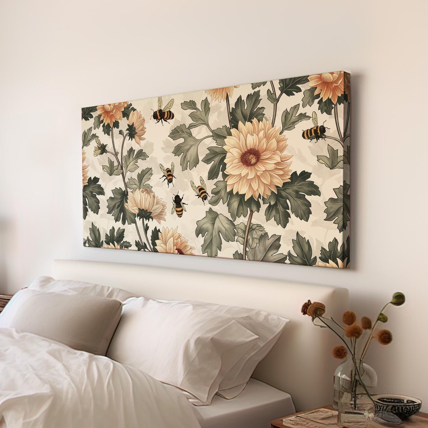 Bees Around Chrysanthemums Canvas Wall Art For Bedroom, Landscape Floral Canvas Print, Renaissance Large Canvas Art