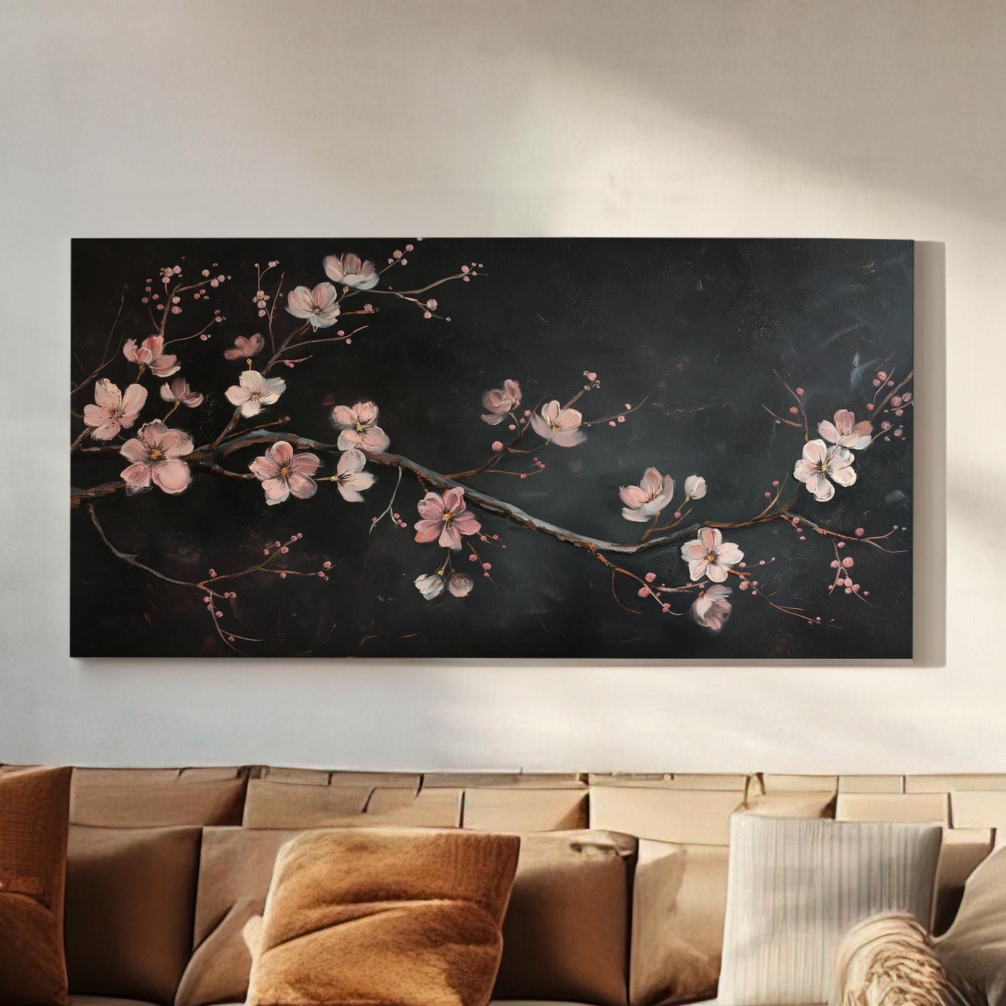 Cherry Blossom Branch Distressed Canvas Wall Art For Living Room, Landscape Japanese Canvas Print, Vintage Oil Large Canvas Art