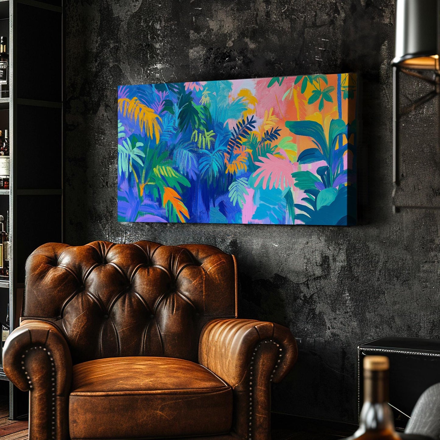 Colorful Oil Jungle Canvas Wall Art For Living Room, Landscape Rainforest Canvas Print, Botanical Large Canvas Art