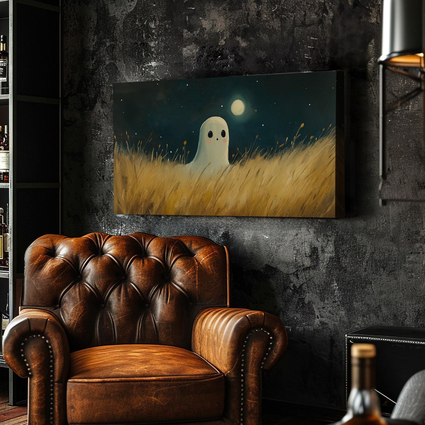 Cute Halloween Ghosts In The Field Canvas Wall Art For Living Room, Landscape Dark Academia Canvas Print, Whimsical Large Canvas Art