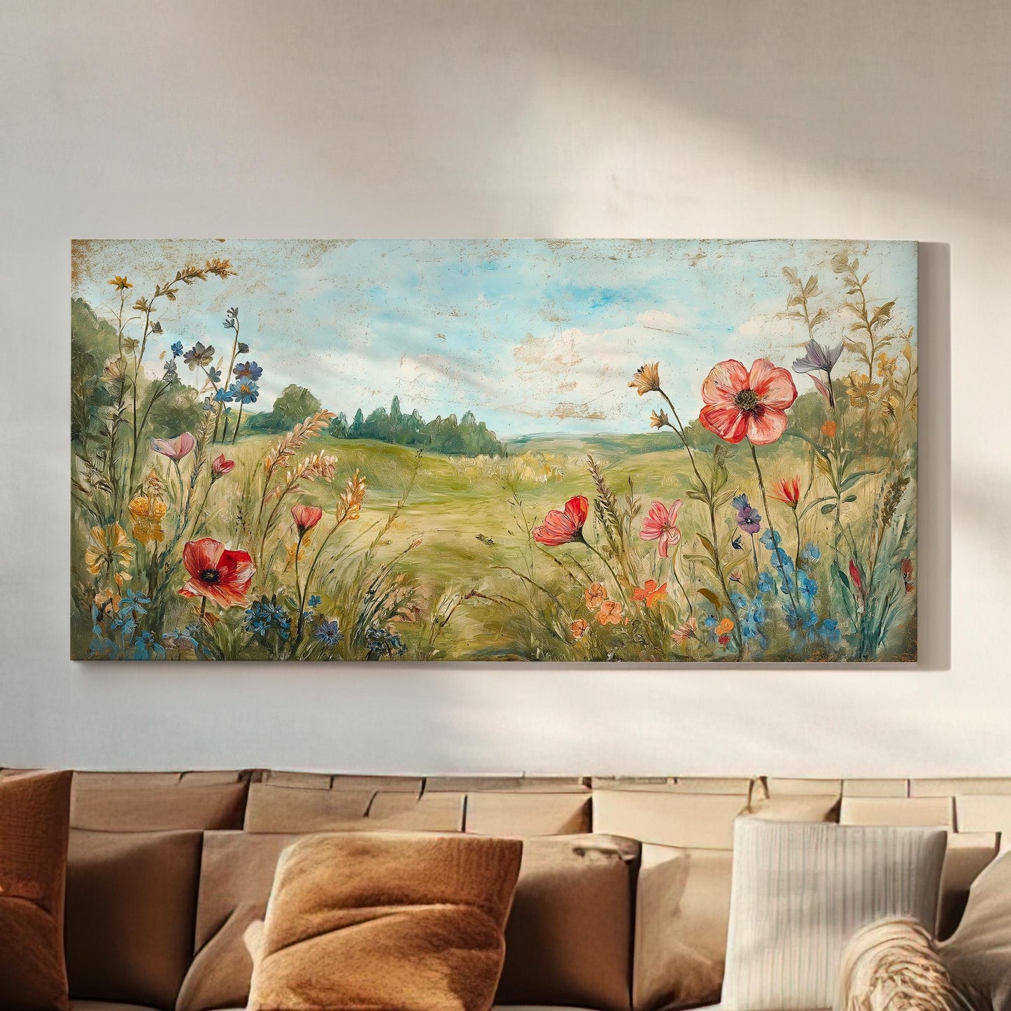 Colorful Wildflowers Canvas Wall Art For Living Room, Landscape Wildflower Meadow Canvas Print, Rustic Large Canvas Art
