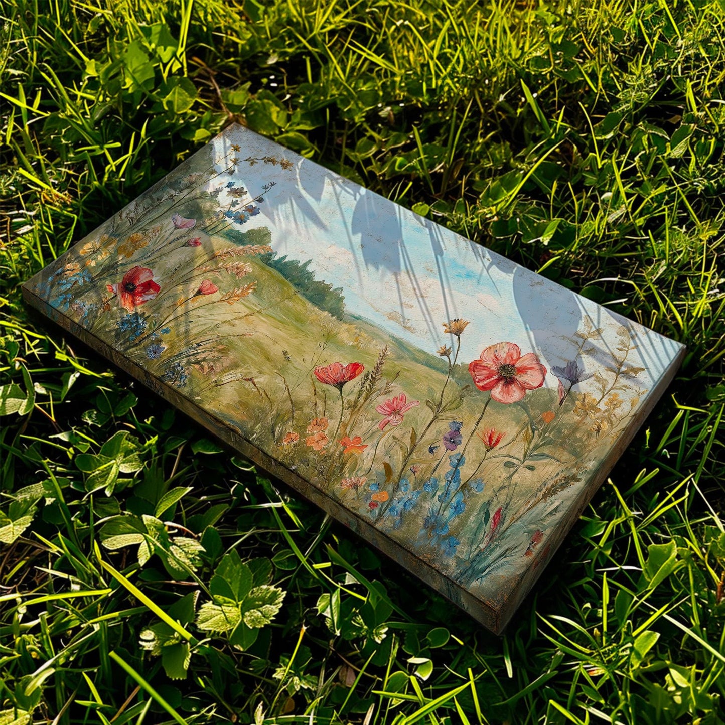 Colorful Wildflowers Canvas Wall Art For Living Room, Landscape Wildflower Meadow Canvas Print, Rustic Large Canvas Art