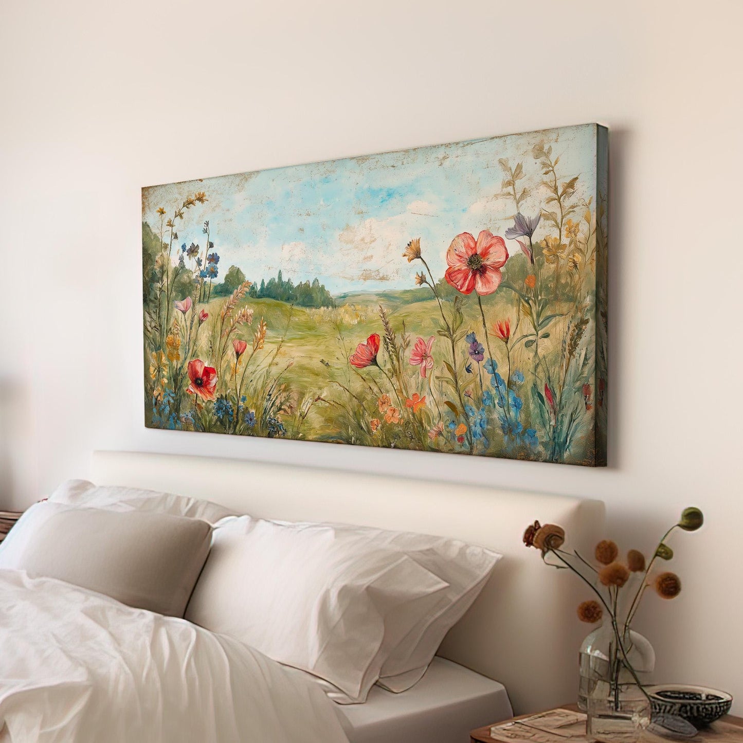 Colorful Wildflowers Canvas Wall Art For Living Room, Landscape Wildflower Meadow Canvas Print, Rustic Large Canvas Art