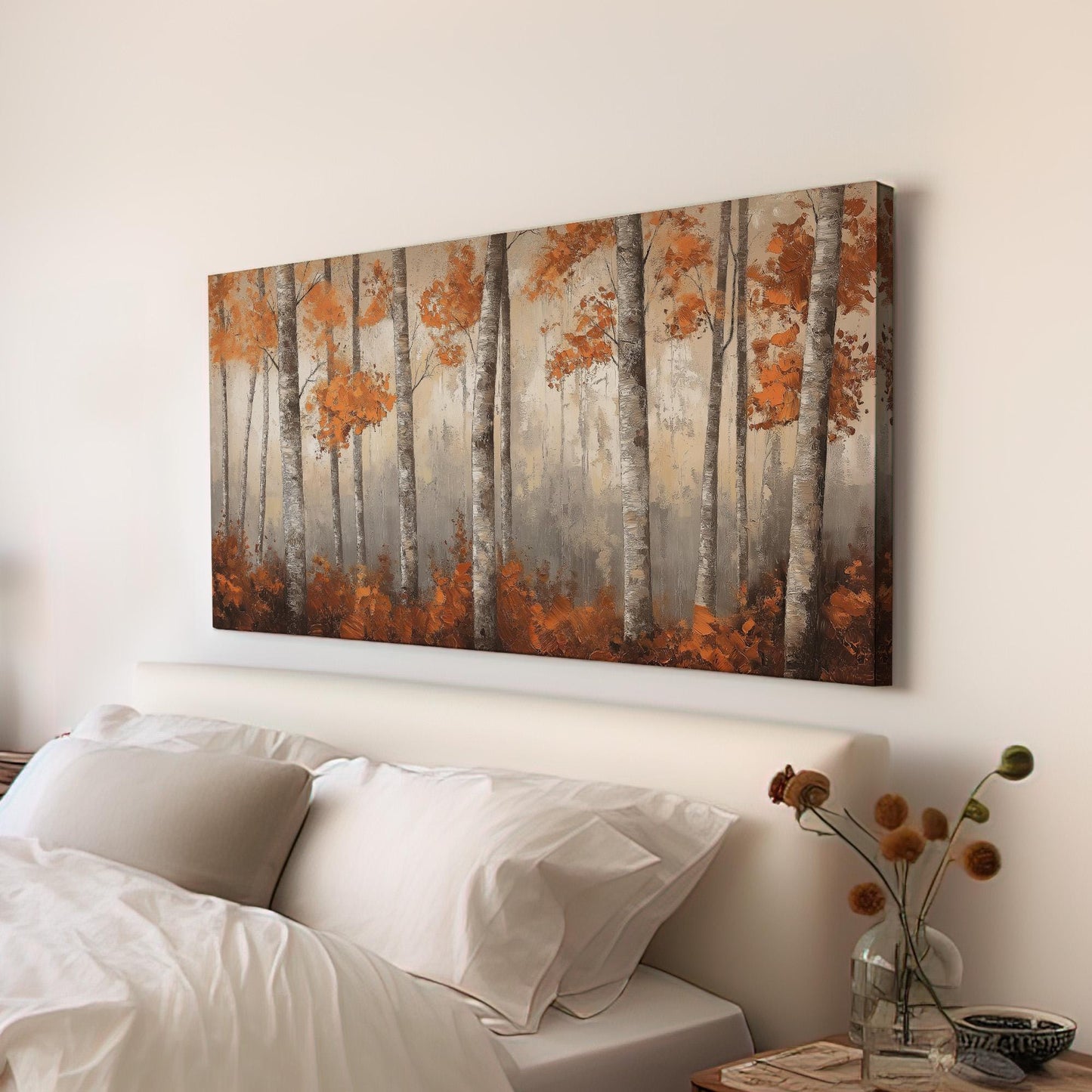 Copper Birch Trees Canvas Wall Art For Living Room, Landscape Cozy Autumn Canvas Print, Rustic Fall Large Canvas Art