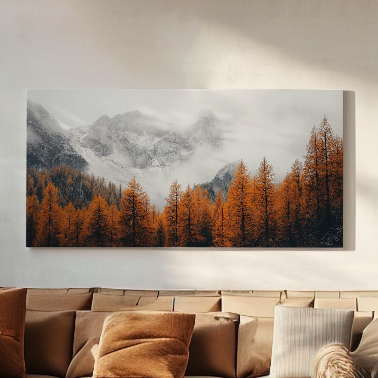 Copper Pine Forest Below Snowy Mountain Canvas Wall Art For Living Room, Landscape Cozy Autumn Canvas Print, Rustic Fall Large Canvas Art