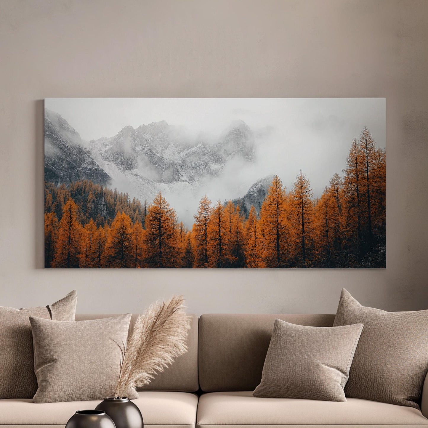 Copper Pine Forest Below Snowy Mountain Canvas Wall Art For Living Room, Landscape Cozy Autumn Canvas Print, Rustic Fall Large Canvas Art