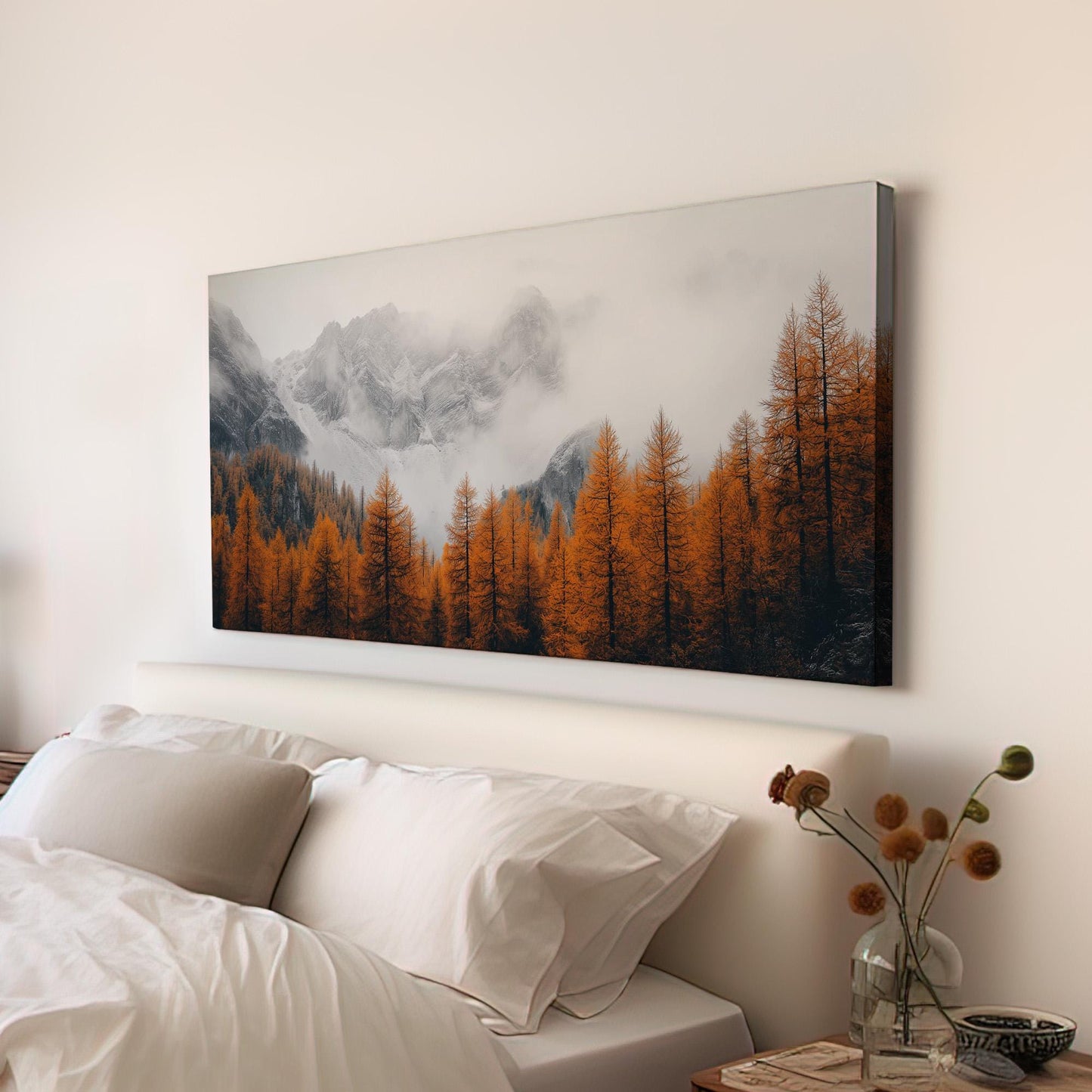 Copper Pine Forest Below Snowy Mountain Canvas Wall Art For Living Room, Landscape Cozy Autumn Canvas Print, Rustic Fall Large Canvas Art