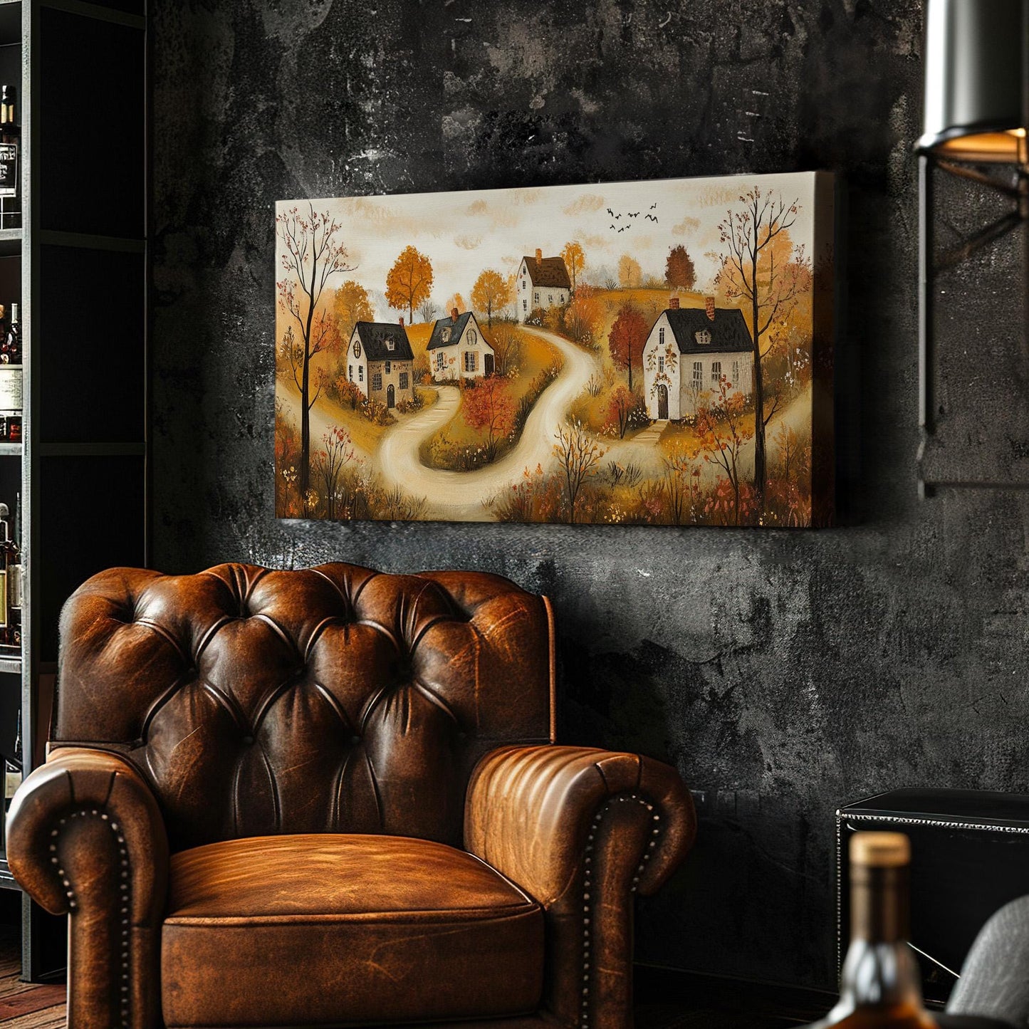 Cute Autumn Village Canvas Wall Art For Living Room, Landscape Cozy Autumn Canvas Print, Rustic Fall Large Canvas Art