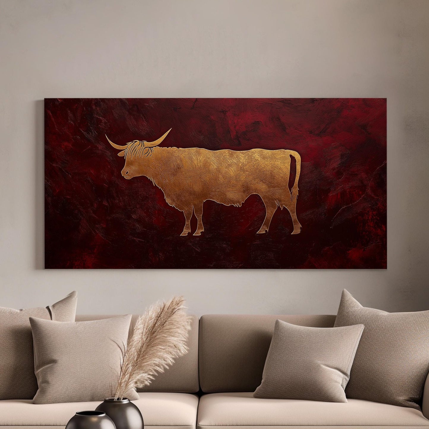 Gold Highland Cow Canvas Wall Art For Living Room, Landscape Dark Red Canvas Print, Rustic Large Canvas Art