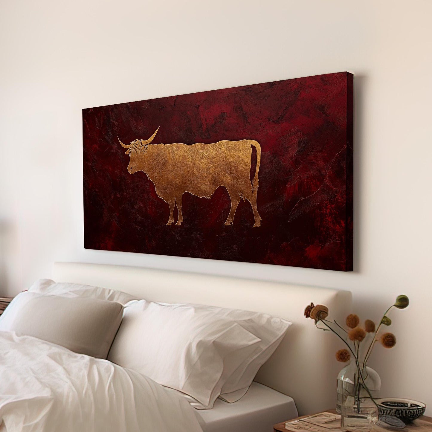Gold Highland Cow Canvas Wall Art For Living Room, Landscape Dark Red Canvas Print, Rustic Large Canvas Art