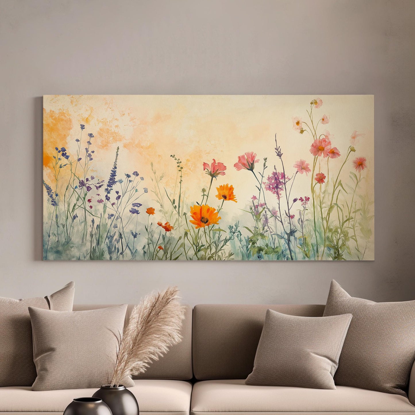 Watercolour Wildflowers Canvas Wall Art For Living Room, Landscape Wildflower Meadow Canvas Print, Vintage Large Canvas Art
