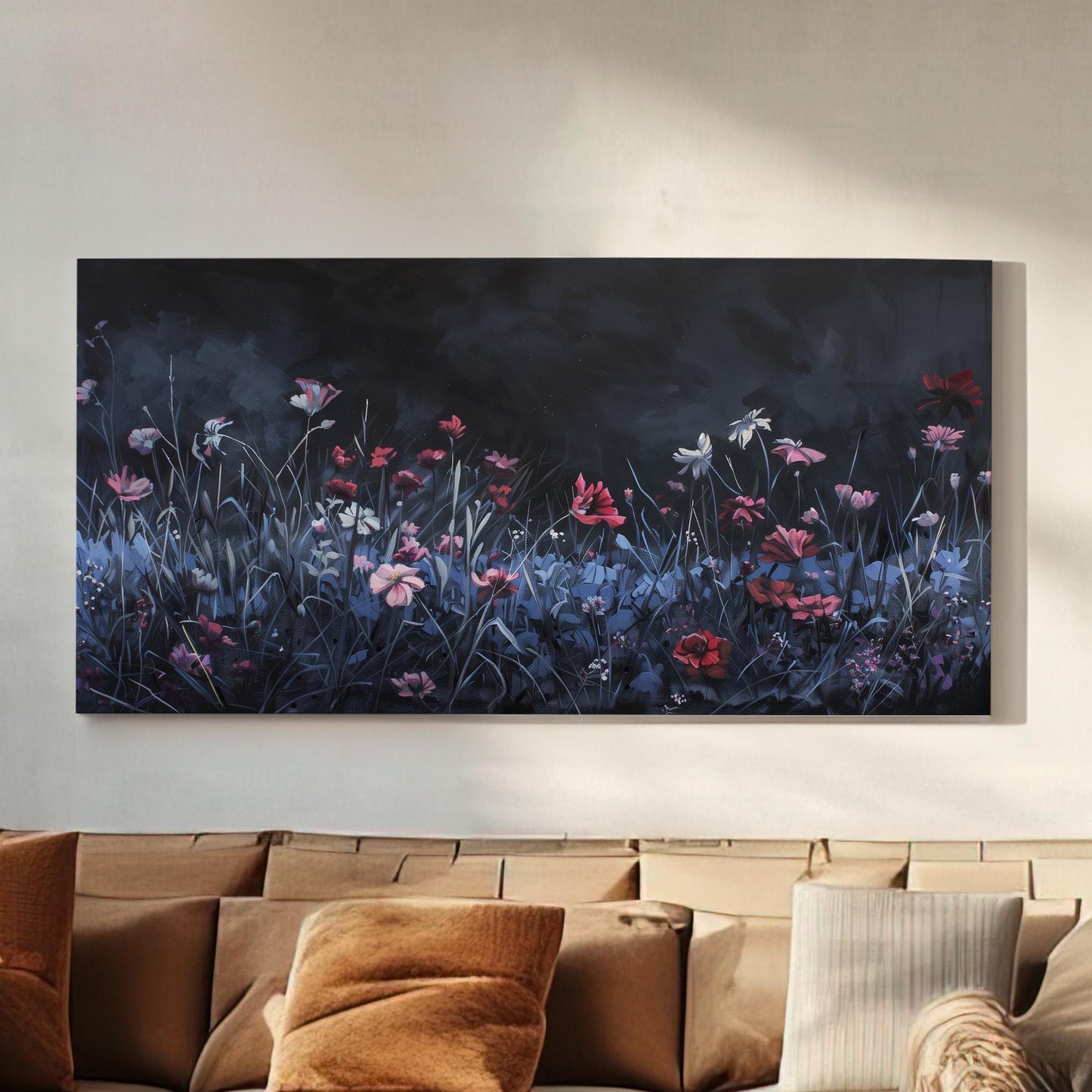 Wildflower Field at Night Canvas Wall Art For Living Room, Landscape Floral Canvas Print, Vintage Large Canvas Art