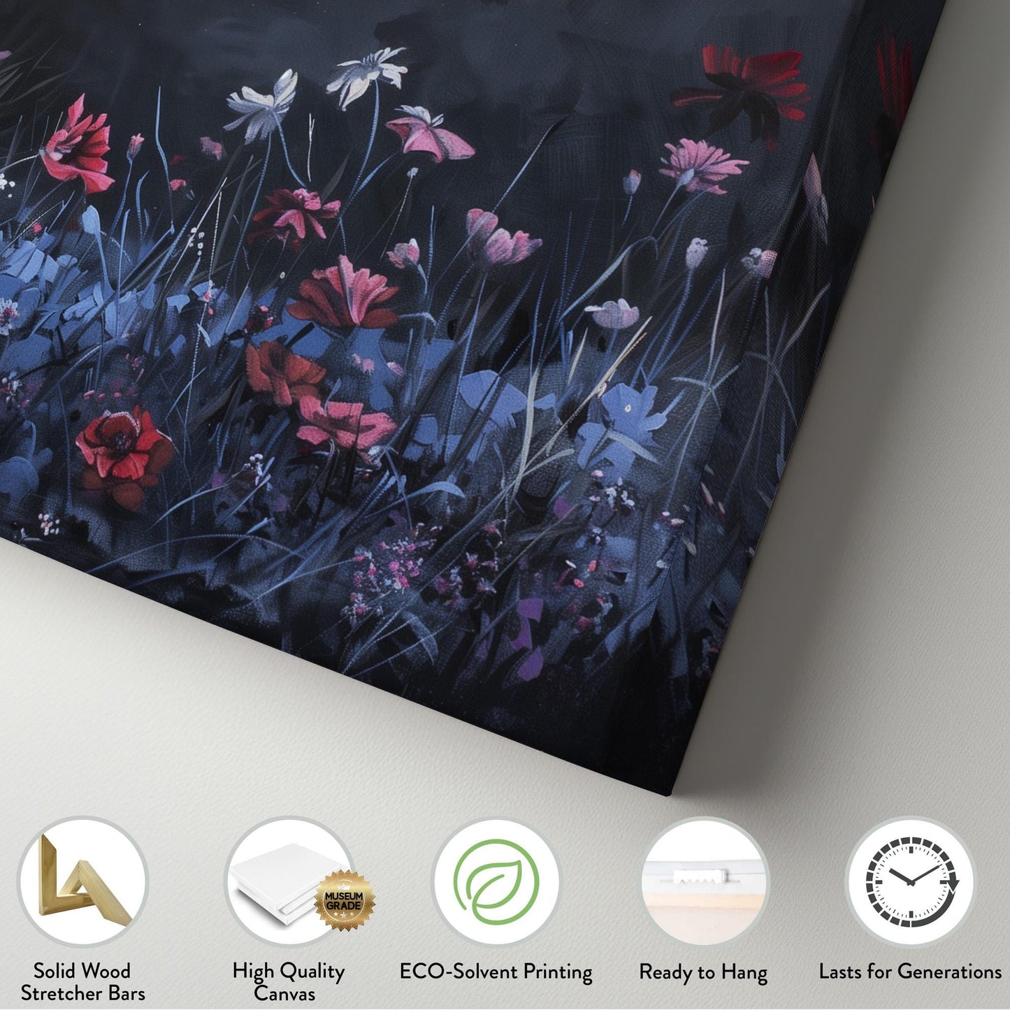 Wildflower Field at Night Canvas Wall Art For Living Room, Landscape Floral Canvas Print, Vintage Large Canvas Art