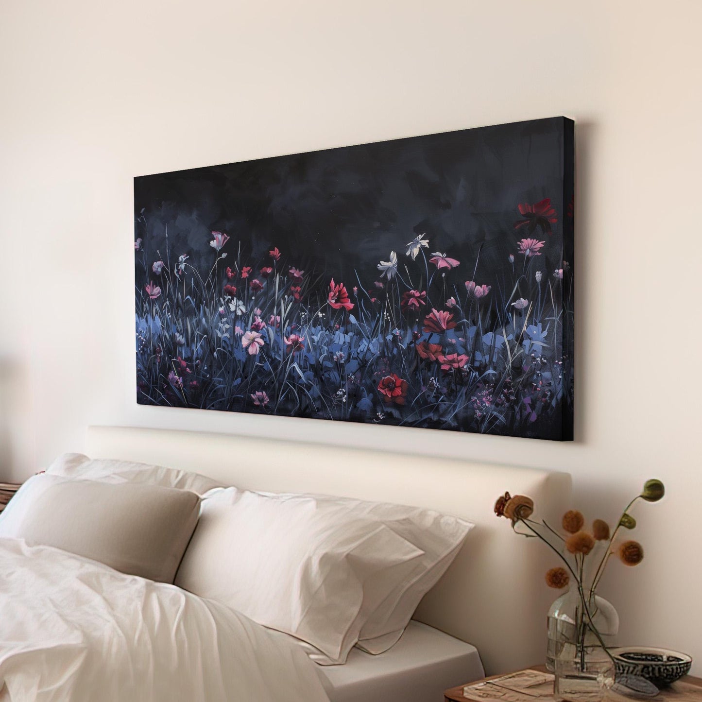 Wildflower Field at Night Canvas Wall Art For Living Room, Landscape Floral Canvas Print, Vintage Large Canvas Art