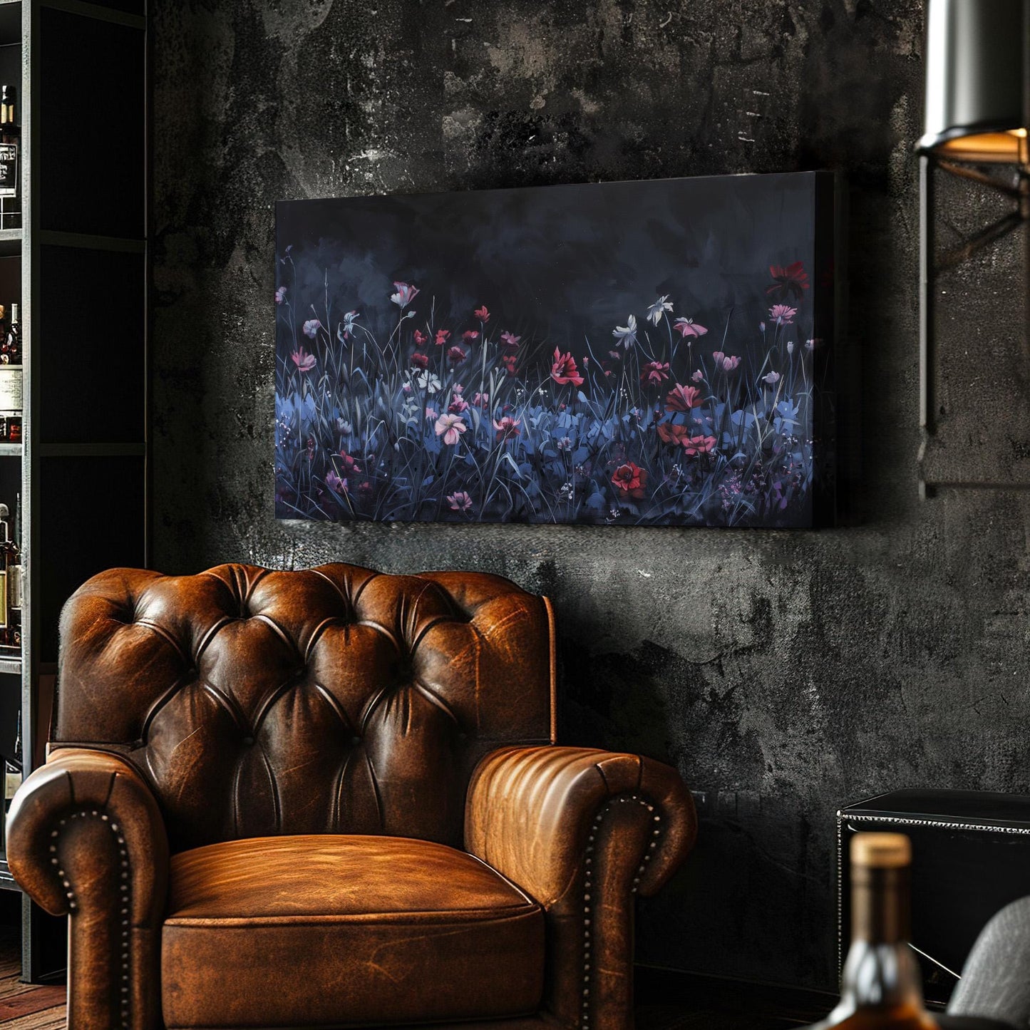 Wildflower Field at Night Canvas Wall Art For Living Room, Landscape Floral Canvas Print, Vintage Large Canvas Art