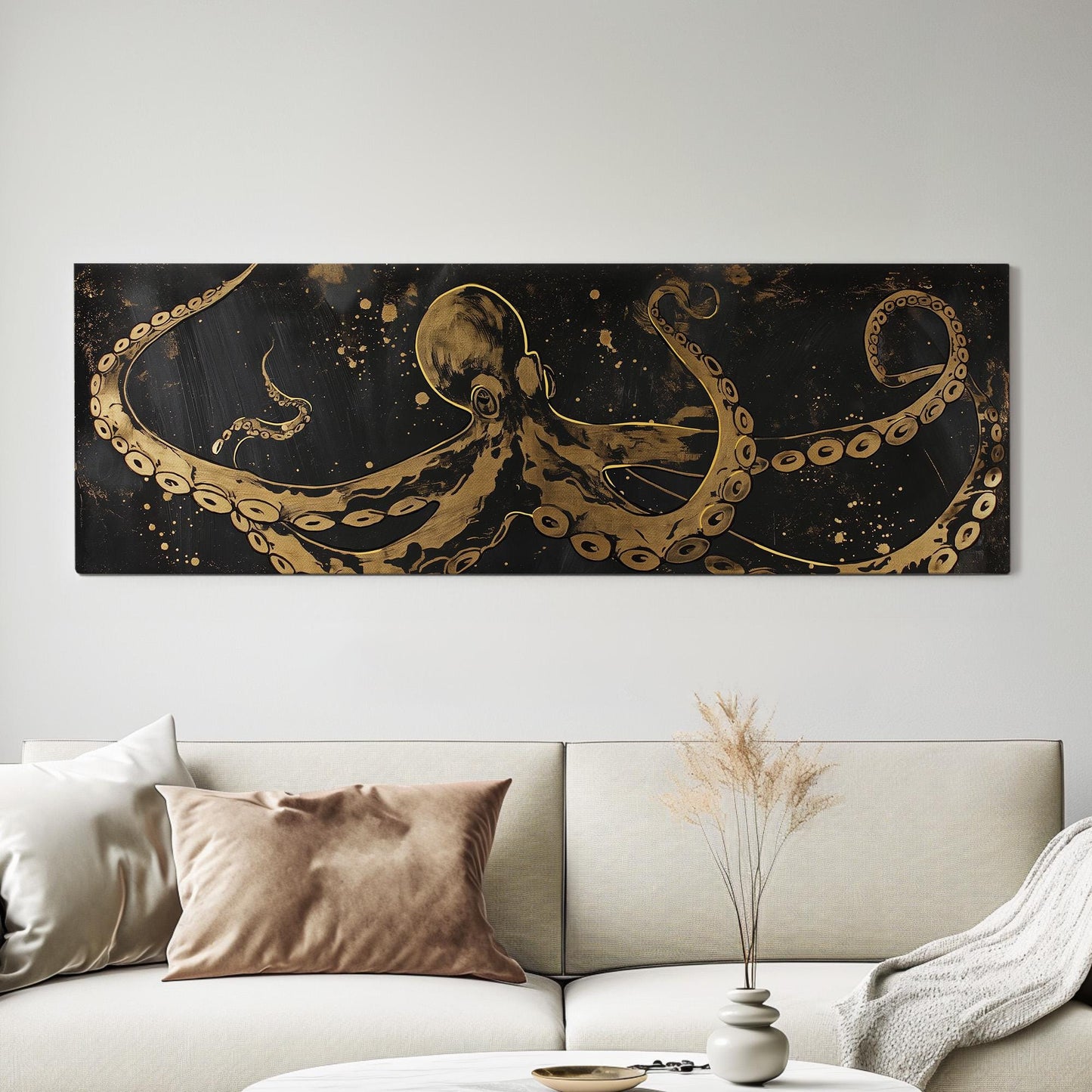 Gold Octopus Panoramic Wall Art Sea Creature, Panorama Nautical Canvas Print, Beach House Decor Canvas Art