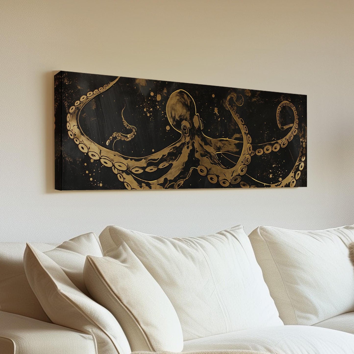 Gold Octopus Panoramic Wall Art Sea Creature, Panorama Nautical Canvas Print, Beach House Decor Canvas Art