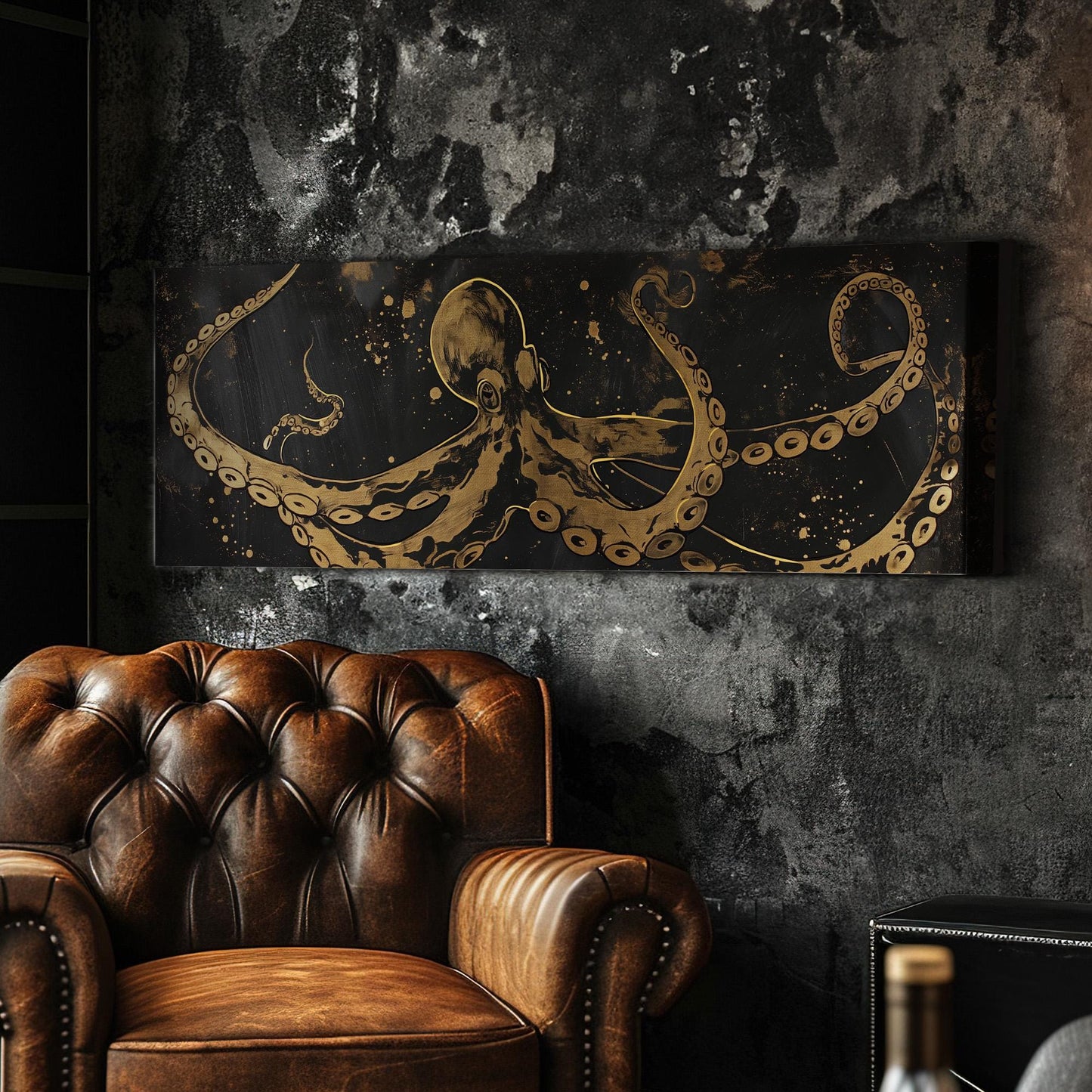 Gold Octopus Panoramic Wall Art Sea Creature, Panorama Nautical Canvas Print, Beach House Decor Canvas Art