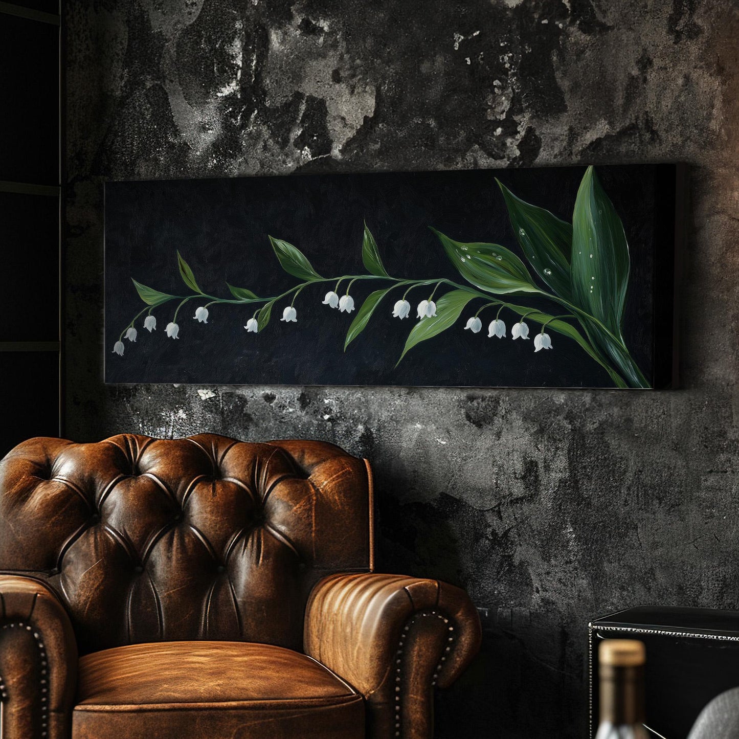 Lily of the Valley In The Dark Panoramic Wall Art Floral, Panorama Lillies Canvas Print, Still Life Decor Canvas Art