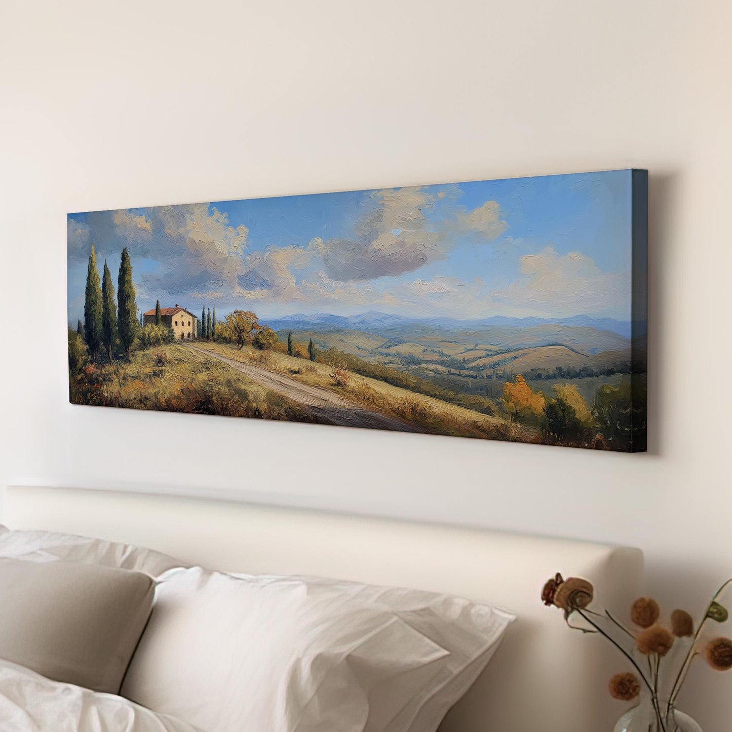 Lone Farm Panoramic Wall Art Tuscany, Panorama Tuscan Village Canvas Print, Italian Countryside Decor Canvas Art