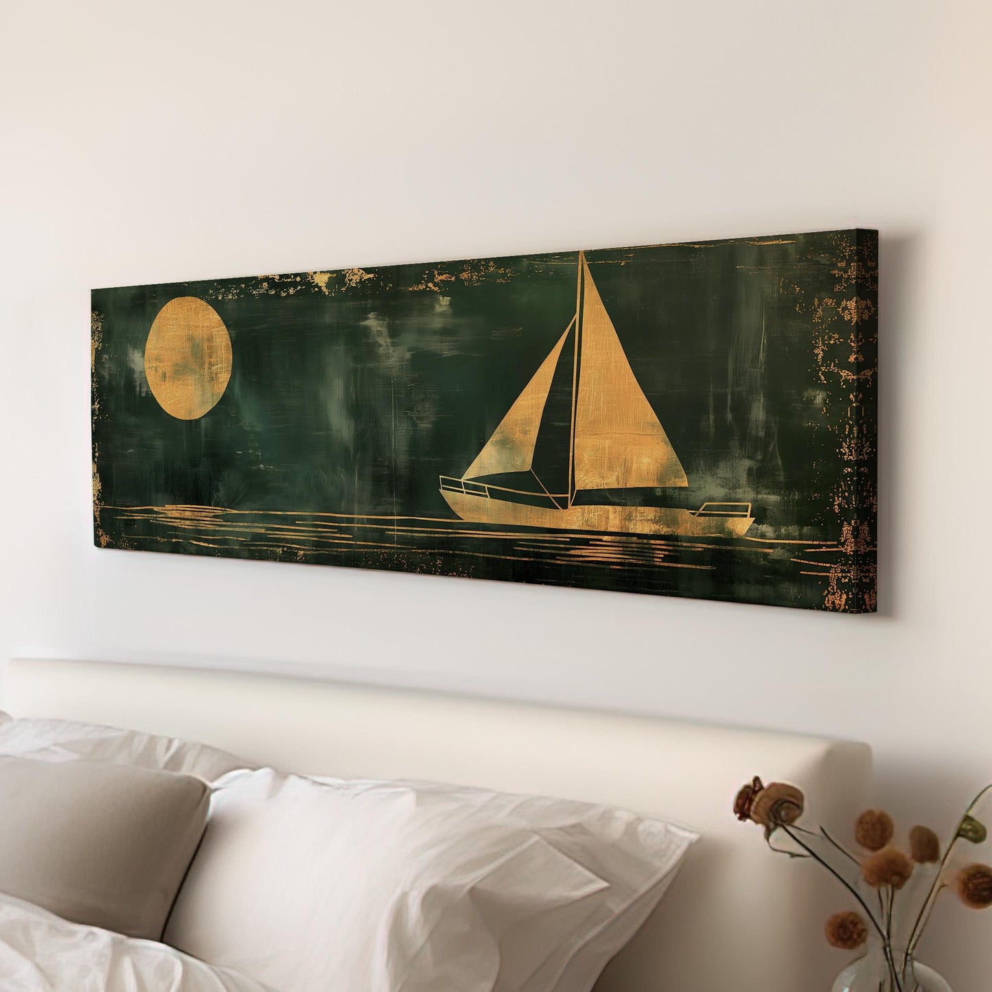 Sailboat Full Moon Panoramic Wall Art For Bedroom, Panorama Lake House Canvas Print, Green And Gold Decor Canvas Art