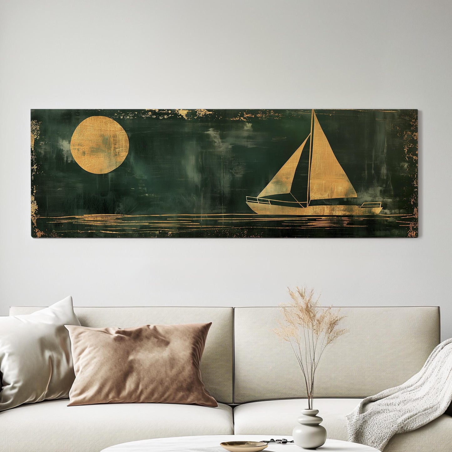 Sailboat Full Moon Panoramic Wall Art For Bedroom, Panorama Lake House Canvas Print, Green And Gold Decor Canvas Art