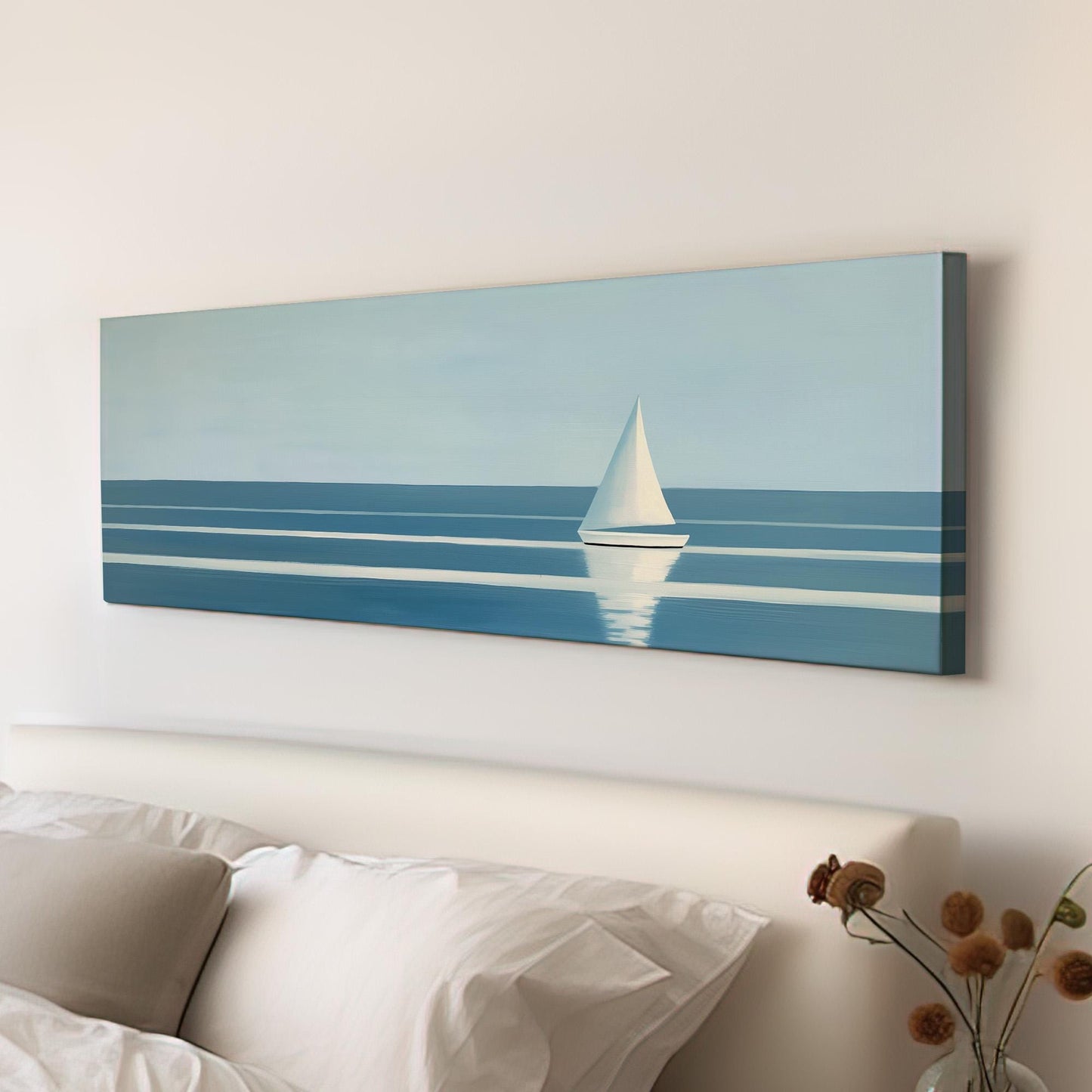 Sailboat Line Art Panoramic Wall Art For Bedroom, Panorama Lake House Canvas Print, Seascape Decor Canvas Art