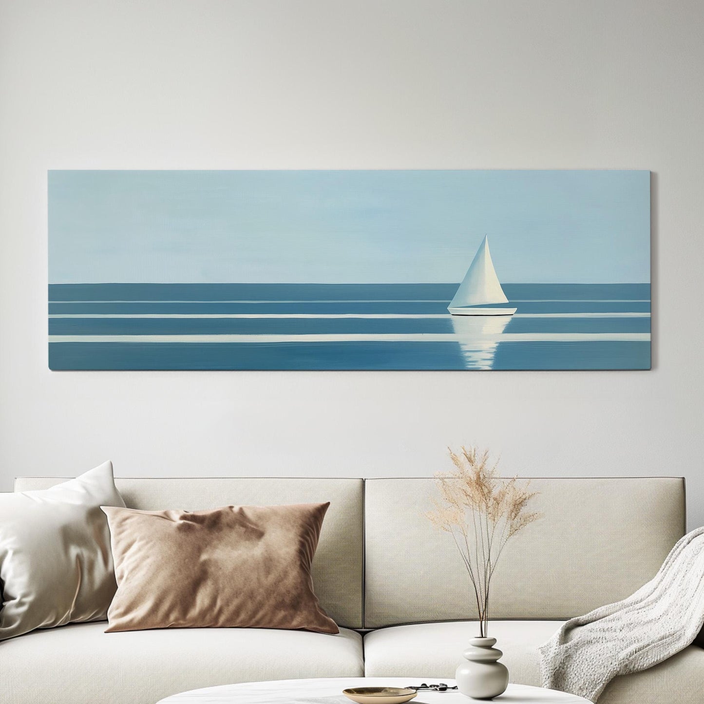 Sailboat Line Art Panoramic Wall Art For Bedroom, Panorama Lake House Canvas Print, Seascape Decor Canvas Art