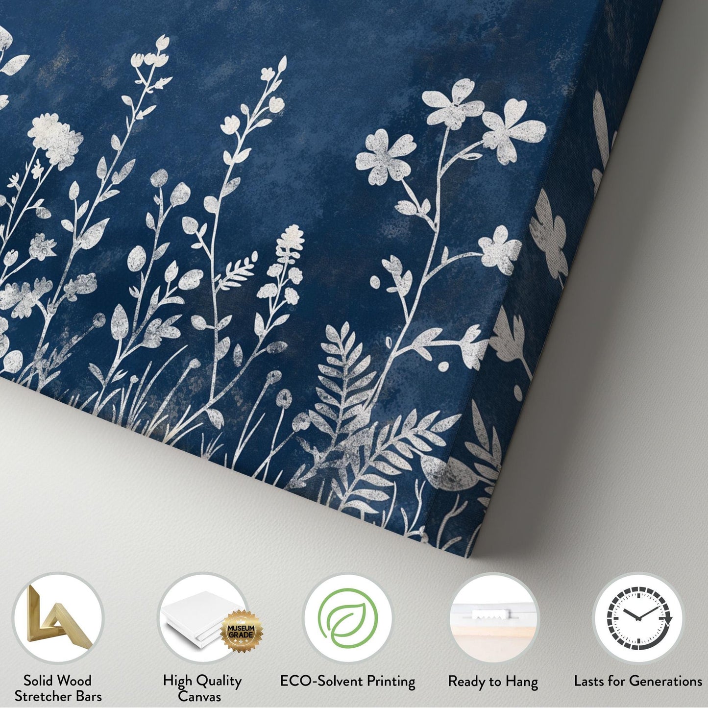 White Wildflowers Canvas Wall Art For Living Room, Landscape Neutral Canvas Print, Minimal Large Canvas Art