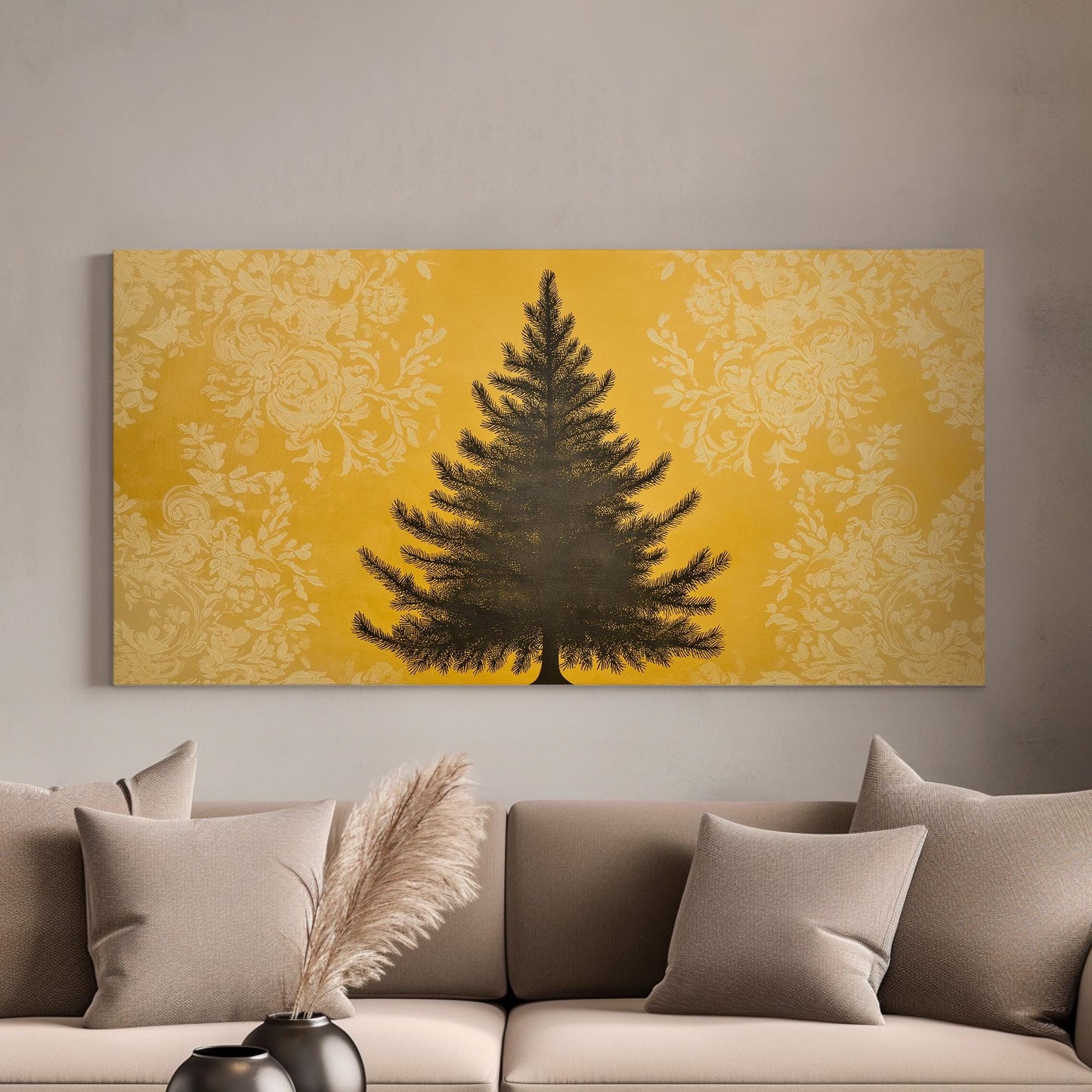 Yellow Floral Pine Tree Canvas Wall Art For Living Room, Landscape Winter Canvas Print, Farmhouse Large Canvas Art