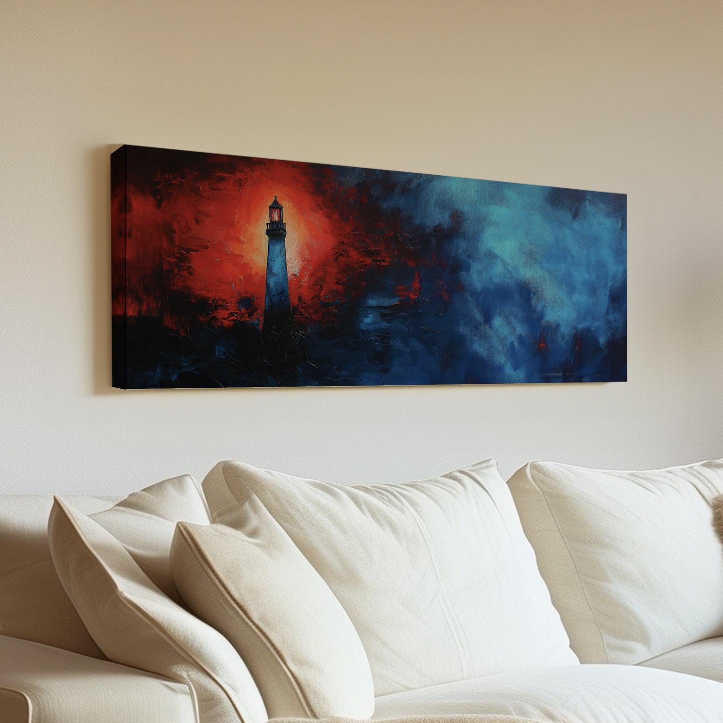 Red Lighthouse In The Huge Fog Panoramic Wall Art Lakehouse, Panorama Boathouse Canvas Print, Sea Coast Decor Canvas Art