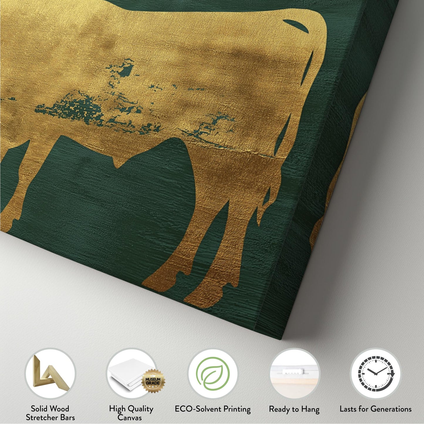 Gold Highland Cow Panoramic Wall Art Farmhouse, Panorama Dark Green Canvas Print, Rustic Decor Canvas Art