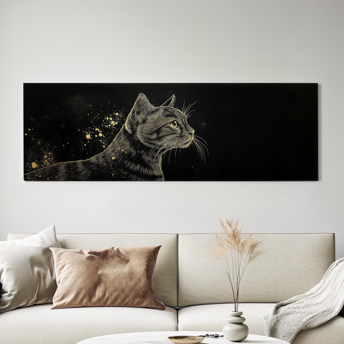 Golden Bengal Cat Panoramic Wall Art Pet, Panorama Adorable Canvas Print, Minimal Decor Canvas Art