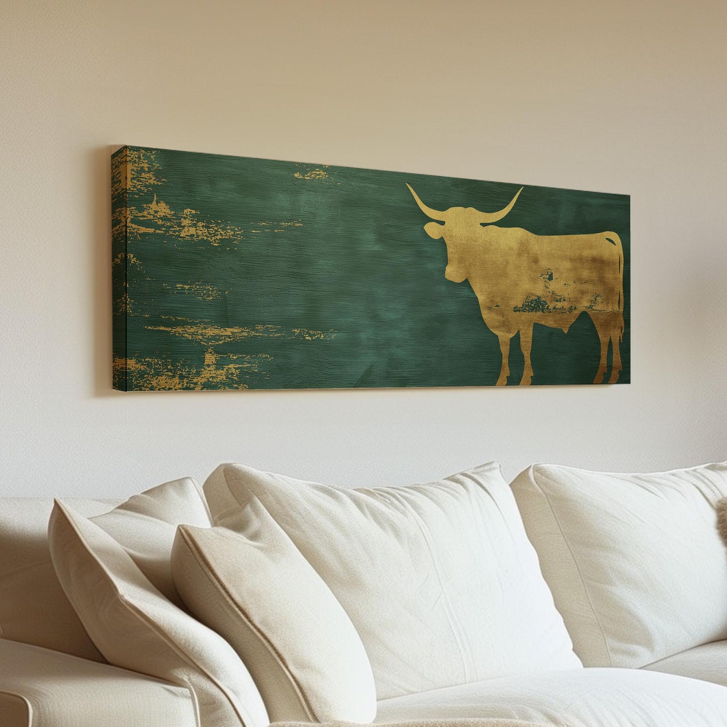 Gold Highland Cow Panoramic Wall Art Farmhouse, Panorama Dark Green Canvas Print, Rustic Decor Canvas Art