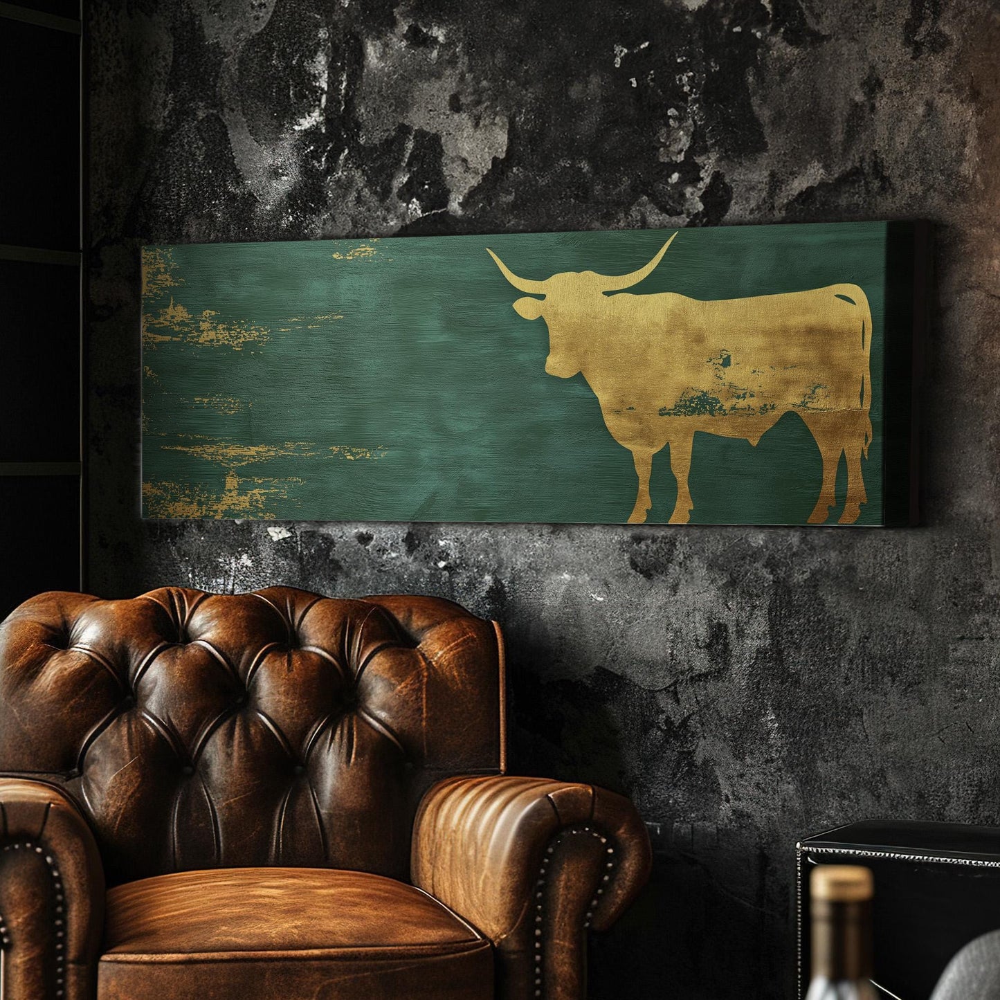 Gold Highland Cow Panoramic Wall Art Farmhouse, Panorama Dark Green Canvas Print, Rustic Decor Canvas Art