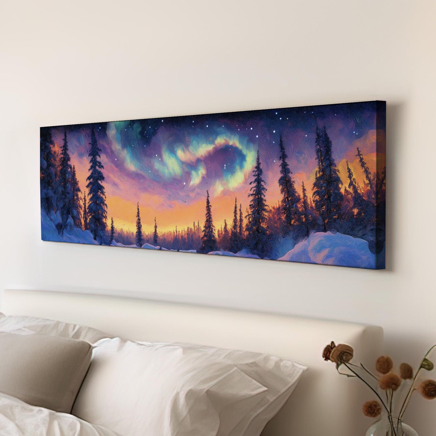 Northern Lights Panoramic Wall Art Snowy Trees, Panorama Starry Sky Canvas Print, Aurora Borealis Decor Canvas Art
