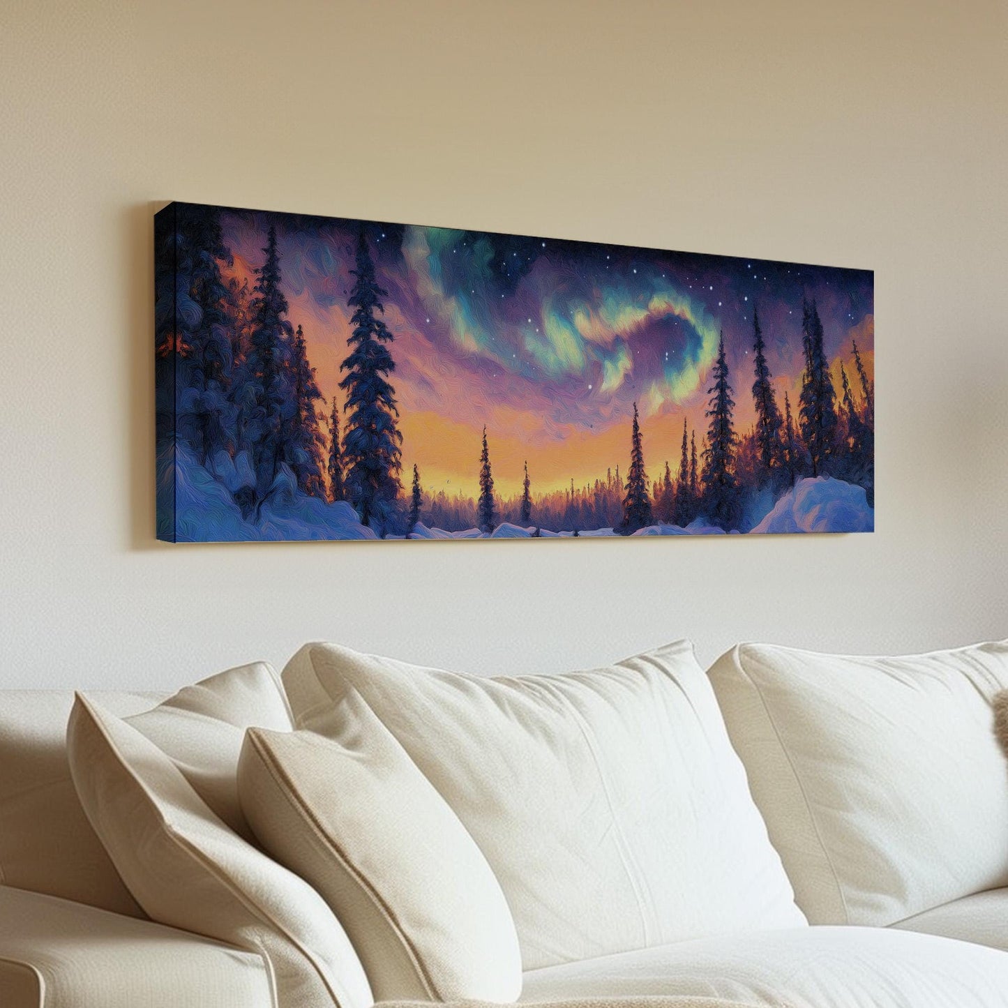 Northern Lights Panoramic Wall Art Snowy Trees, Panorama Starry Sky Canvas Print, Aurora Borealis Decor Canvas Art