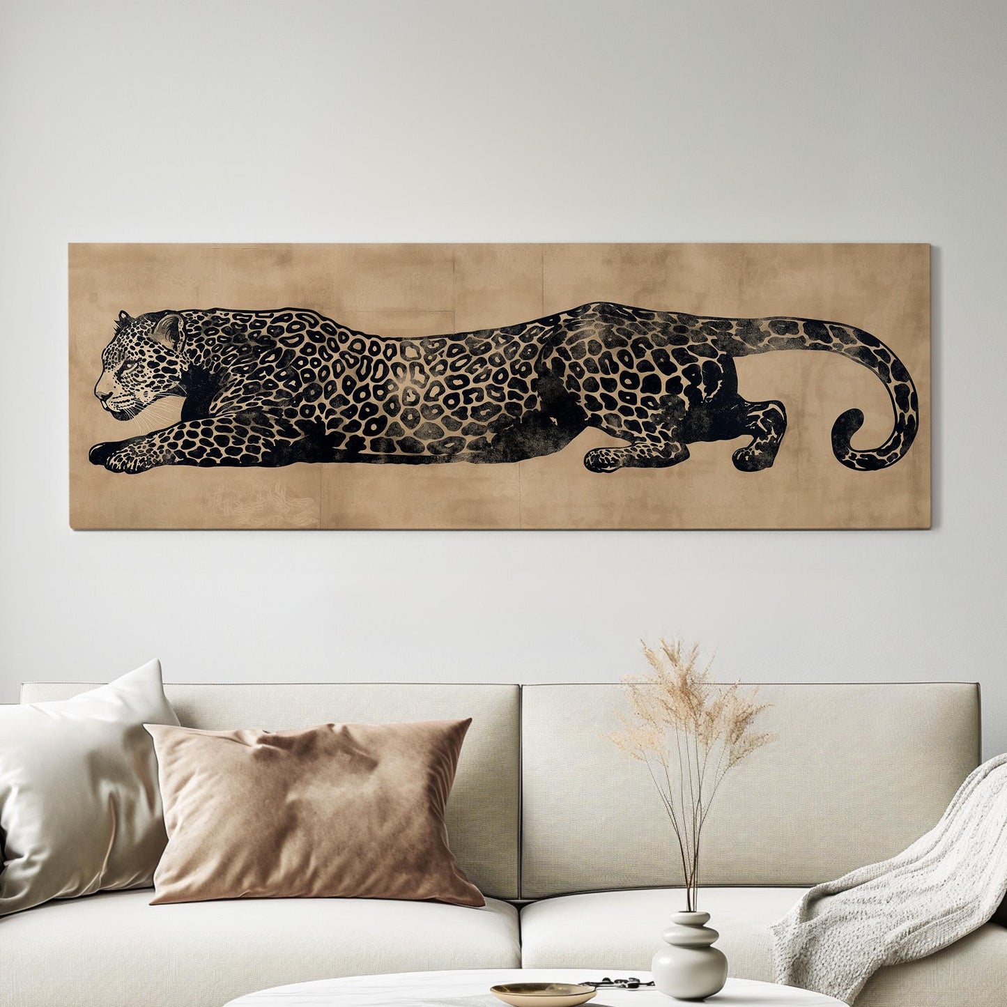 Leopard Minimal Panoramic Wall Art Aesthetic, Panorama Cheetah Canvas Print, Wildlife Decor Canvas Art