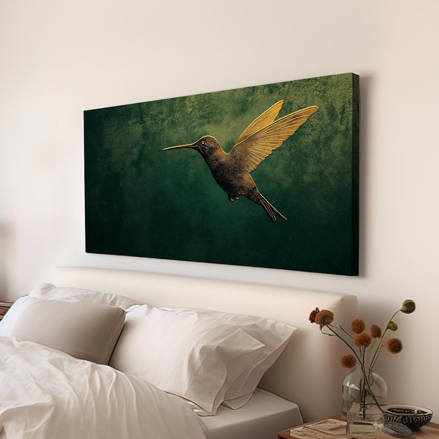 Gold Green Hummingbird Canvas Wall Art For Living Room, Landscape Rustic Canvas Print, Colibri Large Canvas Art
