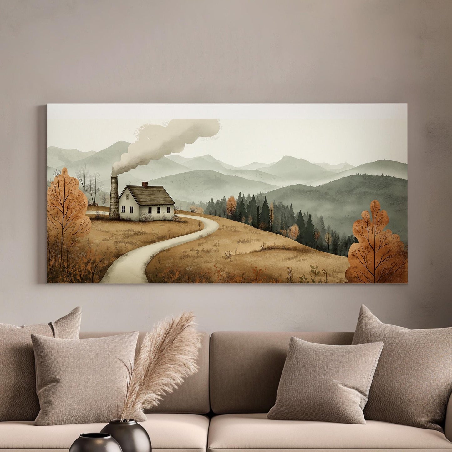 Old Farm Scene Canvas Wall Art For Living Room, Landscape Cozy Autumn Canvas Print, Rustic Fall Large Canvas Art