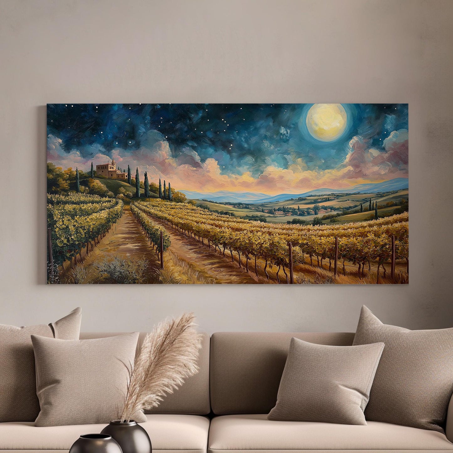 Vineyard in Italy Canvas Wall Art For Living Room, Landscape Tuscan Village Canvas Print, Italian Countryside Large Canvas Art