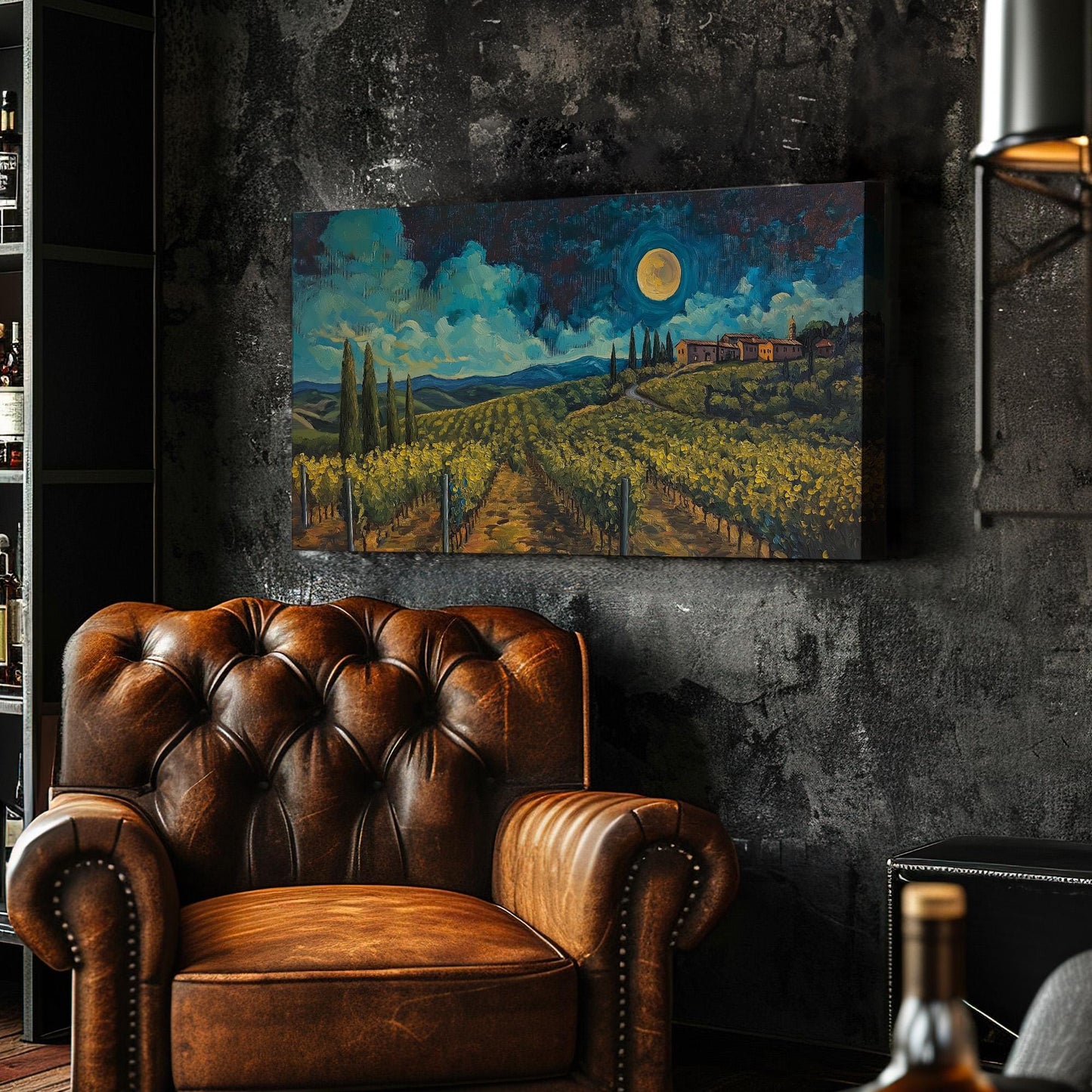 Vineyard Midight Canvas Wall Art For Living Room, Landscape Tuscan Village Canvas Print, Italian Countryside Large Canvas Art
