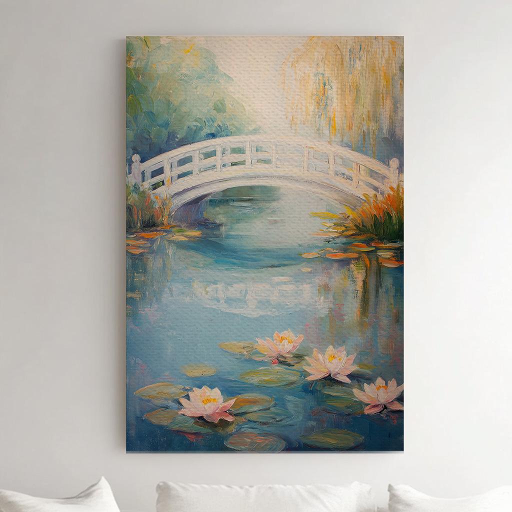 Water Lily Under The Bridge Vertical Wall Art Lake Scene, Decor Quiet Pond Canvas Print, Tranquil Big Canvas Art