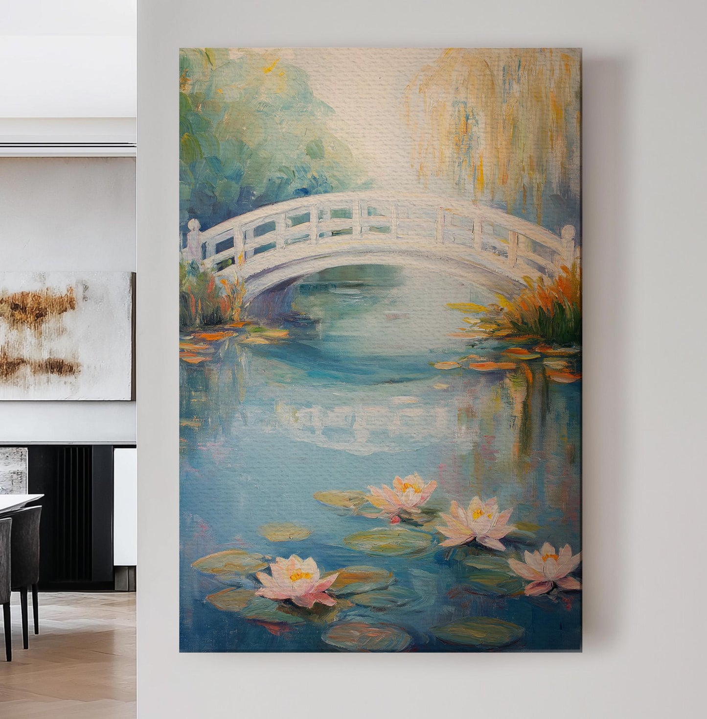 Water Lily Under The Bridge Vertical Wall Art Lake Scene, Decor Quiet Pond Canvas Print, Tranquil Big Canvas Art