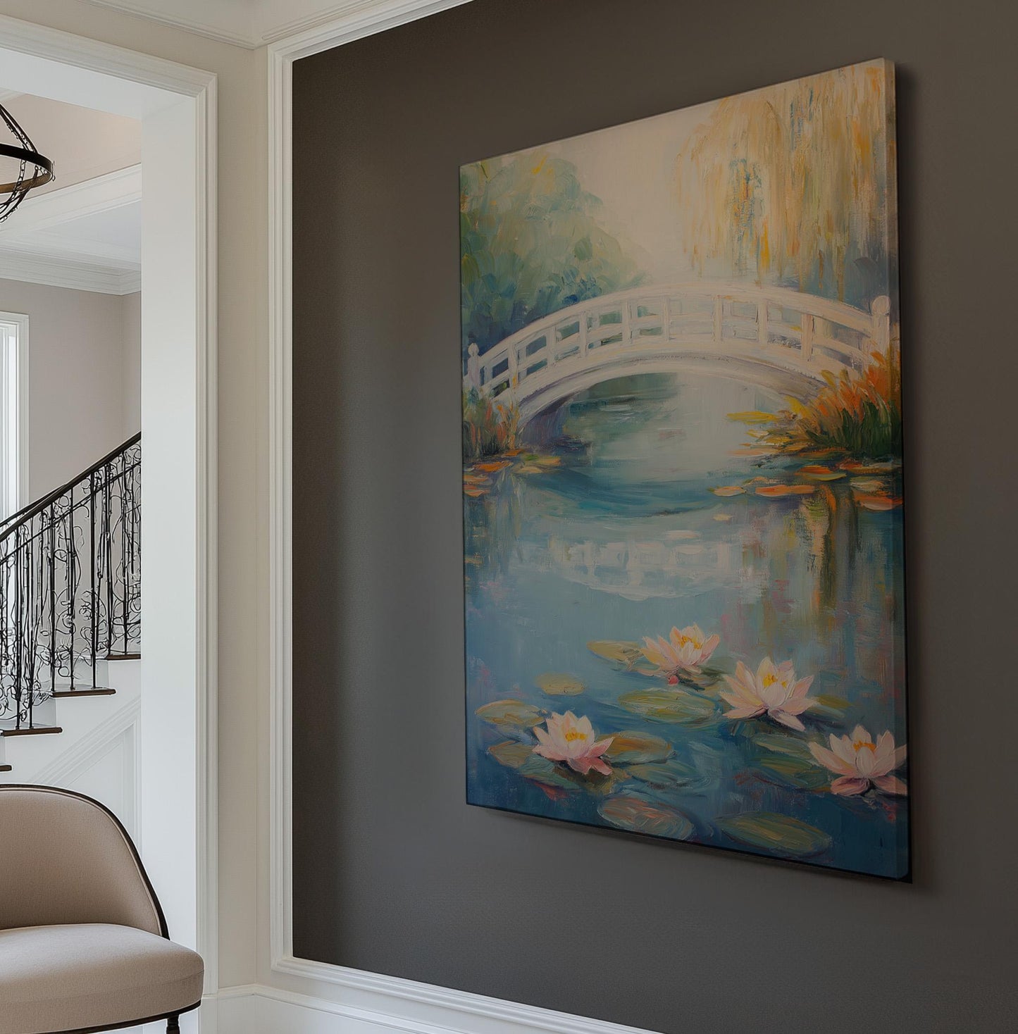 Water Lily Under The Bridge Vertical Wall Art Lake Scene, Decor Quiet Pond Canvas Print, Tranquil Big Canvas Art