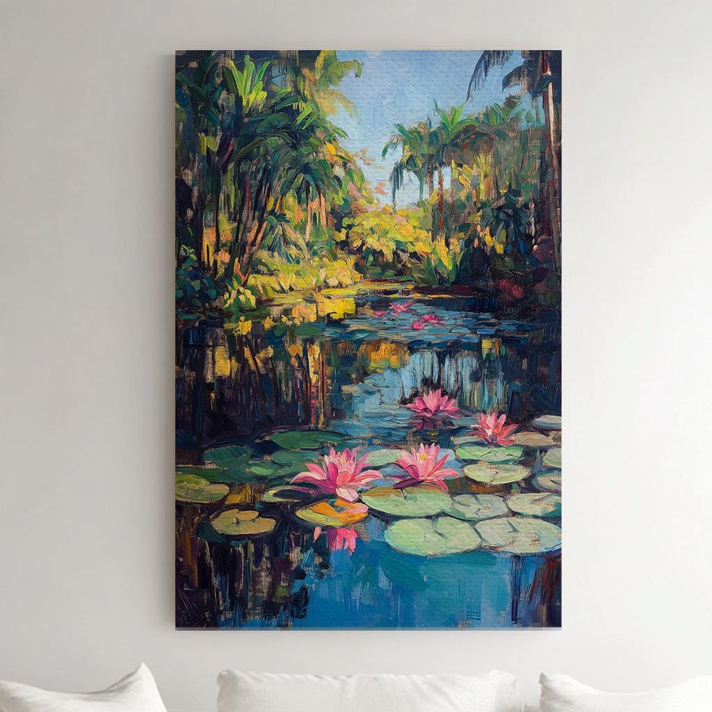 Water Lily On The Lake Vertical Wall Art Tropical Garden, Decor Quiet Pond Canvas Print, Tranquil Big Canvas Art