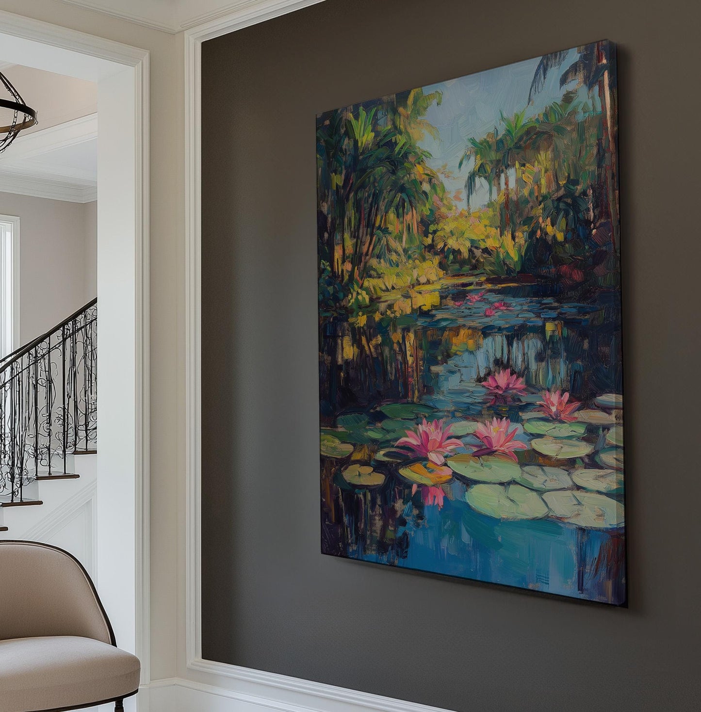 Water Lily On The Lake Vertical Wall Art Tropical Garden, Decor Quiet Pond Canvas Print, Tranquil Big Canvas Art