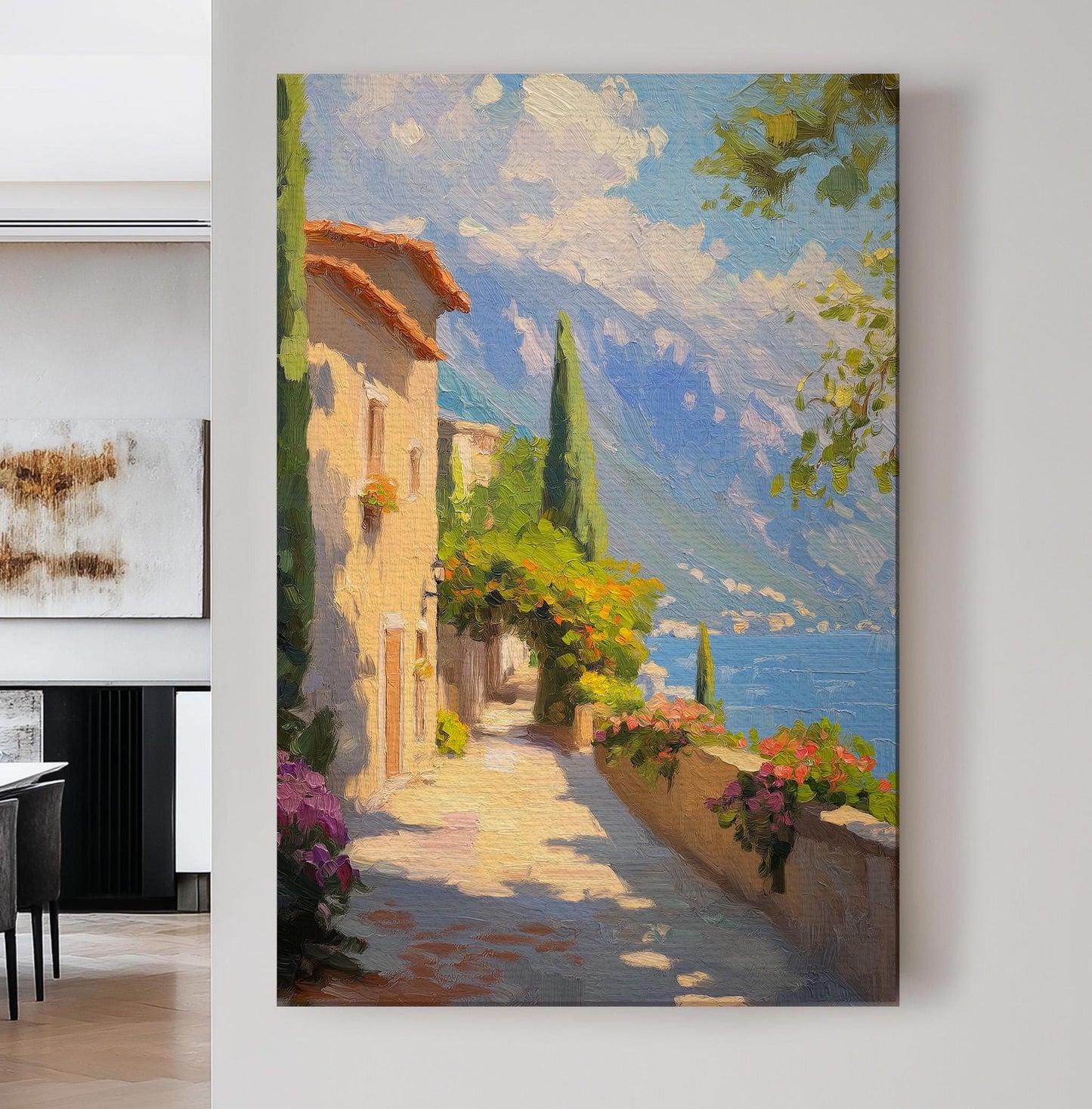 Village By The Ocean Vertical Wall Art Tuscany, Decor Tuscan Village Canvas Print, Italian Countryside Big Canvas Art